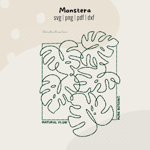Puede incluir: Ilustración digital de hojas de Monstera en trazo verde. El diseño incluye el texto "Monstera svg | png | pdf | dxf", "Natural Flow" y "Pure Botanic" sobre un fondo beige. Tema minimalista y botánico.