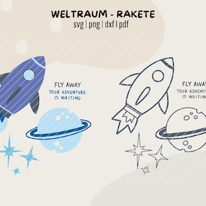 Puede incluir: Ilustración de dos cohetes, planetas y estrellas. Un cohete es azul con un planeta azul y estrellas. El otro es un contorno con un planeta y estrellas. El texto dice "FLY AWAY YOUR ADVENTURE IS WAITING".