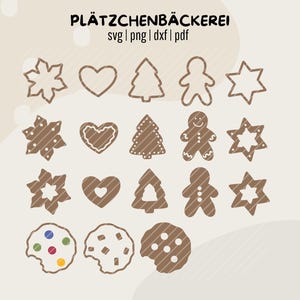 Puede incluir: Una colección de diseños de galletas y hombrecitos de jengibre marrones en varias formas, incluyendo estrellas, corazones y árboles de Navidad. La imagen incluye el texto "PLÄTZCHENBÄCKEREI" e información sobre el tipo de archivo.
