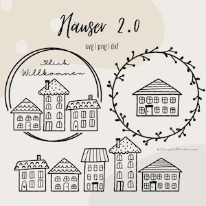 Op de afbeelding: Zwart-witte lijntekeningen van huizen met de tekst "Häuser 2.0" en "Herzlich Willkommen".