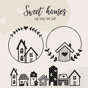 Può includere: Illustrazione in bianco e nero di case con cuori e ghirlande. Il testo "Sweet houses" è in cima all'immagine. Il testo "svg | png | dxf | pdf" è sotto il titolo.