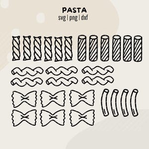 Könnte beinhalten: Schwarz-weiße Strichzeichnung verschiedener Pastaformen, darunter Fusilli, Cavatappi, Farfalle und Penne. Das Wort "PASTA" steht oben, darunter "svg | png | dxf".