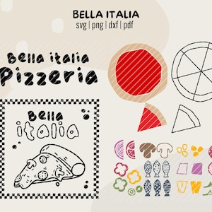 Peut inclure: Illustration vectorielle avec le texte "BELLA ITALIA" et "Bella Italia Pizzeria". L'image comprend des parts de pizza, une pizza entière et divers ingrédients comme des champignons, des oignons et du poisson. Le style est dessiné à la main.