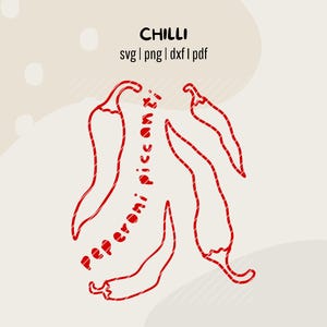 May include: A digital illustration featuring red chili peppers with the text "CHILLI" at the top. The words "svg | png | dxf | pdf" are below the word "CHILLI". The words "Peperoni Piccanti" are written vertically on one of the chili peppers.