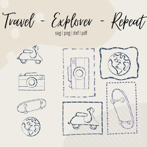 Pode incluir: Ilustração digital com tema de viagem. A imagem apresenta uma scooter, uma câmera, um globo e um skate, juntamente com o texto "Travel - Explorer - Repeat". O design é em estilo de esboço com uma paleta de cores neutras.
