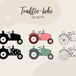 Op de afbeelding: Set van zes tractorillustraties in zwart, wit, roze, rood, groen en blauw. De tractoren hebben harten aan de zijkanten en zijn versierd met verschillende patronen. De tekst "Traktor-liebe" staat bovenaan de afbeelding, met de tekst "svg | png | dxf" eronder.