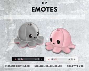Różowo-szare pluszowe emotikony ośmiornicy | Natychmiastowe pobranie | Gotowe do użycia emotikony Twitch