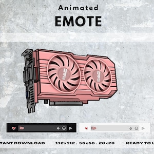 Puede incluir: Emote animado rosa de una tarjeta gráfica con dos ventiladores. El texto "Animated EMOTE" está en la parte superior. La imagen incluye una barra en blanco y negro con un icono de corazón y la imagen de la tarjeta gráfica. Las dimensiones son 112x112, 56x56 y 28x28.