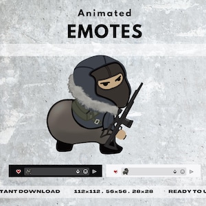 May include: Animated emote of a cartoon character wearing a black ski mask and a gray jacket holding a rifle. The character is standing on a gray background. The text "Animated Emotes" is at the top of the image.