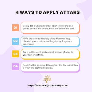 Puede incluir: Infograf&iacute;a titulada "4 FORMAS DE APLICAR ATTARS" con instrucciones sobre c&oacute;mo usar attar. La imagen presenta un fondo morado claro con cuadros coloridos que contienen pasos numerados y texto. La direcci&oacute;n del sitio web https://akannaujaroma.etsy.com est&aacute; en la parte inferior.