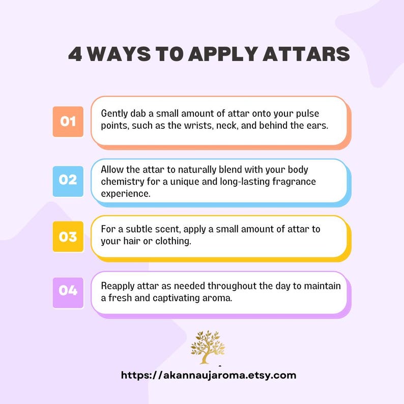 Puede incluir: Infograf&iacute;a titulada "4 FORMAS DE APLICAR ATTARS" con instrucciones sobre c&oacute;mo usar attar. La imagen presenta un fondo morado claro con cuadros coloridos que contienen pasos numerados y texto. La direcci&oacute;n del sitio web https://akannaujaroma.etsy.com est&aacute; en la parte inferior.