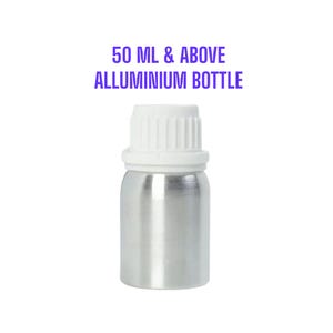 May include: A small, silver aluminium bottle with a white cap. The bottle is cylindrical and has a smooth, metallic finish. The white cap is ribbed. Text above the bottle reads "50 ML & ABOVE ALUMINIUM BOTTLE".