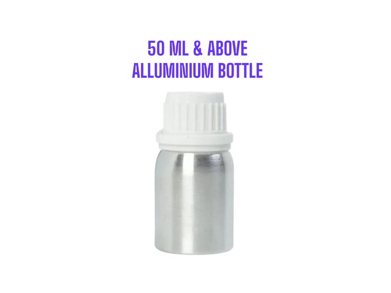 May include: A small, silver aluminium bottle with a white cap. The bottle is cylindrical and has a smooth, metallic finish. The white cap is ribbed. Text above the bottle reads "50 ML & ABOVE ALUMINIUM BOTTLE".