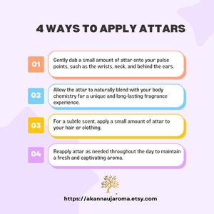 May include: An infographic titled "4 WAYS TO APPLY ATTARS" with instructions on how to apply attar. The image includes the Etsy shop URL: https://akannaujaroma.etsy.com.