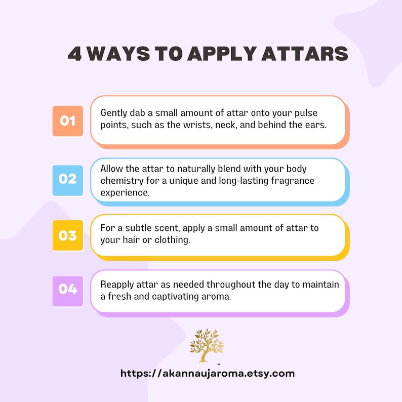 May include: An infographic titled "4 WAYS TO APPLY ATTARS" with instructions on how to apply attar. The image includes the Etsy shop URL: https://akannaujaroma.etsy.com.