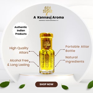 May include: A gold attar bottle with a tree design, branded "A Kannauj Aroma." The image promotes "Authentic Indian Products," "High Quality Attars," and "Alcohol Free & Long Lasting." The bottle is described as a "Portable Attar Bottle" with "Natural Ingredients."