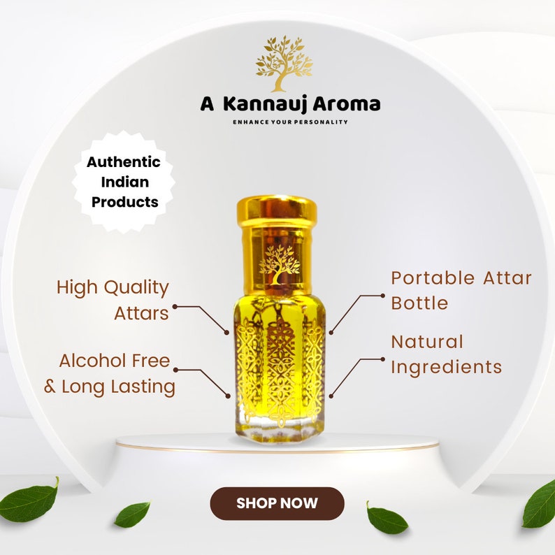 May include: A gold attar bottle with a tree design, branded "A Kannauj Aroma." The image promotes "Authentic Indian Products," "High Quality Attars," and "Alcohol Free & Long Lasting." The bottle is described as a "Portable Attar Bottle" with "Natural Ingredients."