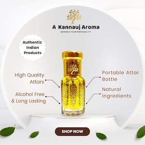 Puede incluir: Una botella de attar dorada con un patr&oacute;n decorativo y una tapa dorada. La imagen incluye el texto "Authentic Indian Products", "High Quality Attars" y "Alcohol Free & Long Lasting."