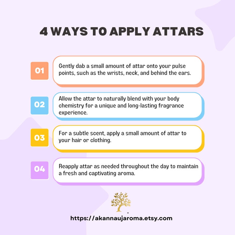 May include: An informational graphic titled 4 WAYS TO APPLY ATTARS with four numbered steps. Step 01 suggests dabbing attar on pulse points. Step 02 mentions blending with body chemistry. Step 03 suggests hair or clothing application. Step 04 advises reapplication.