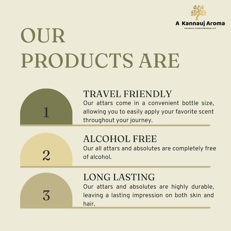 May include: An advertisement for A Kannauj Aroma attars. The text highlights the products as travel-friendly, alcohol-free, and long-lasting. The design uses a neutral colour palette with a tree logo.
