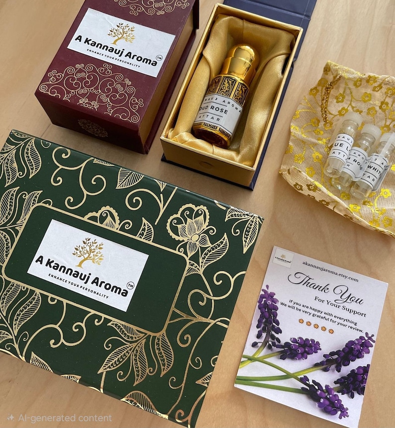 May include: A set of A Kannauj Aroma products including a large dark green box with gold floral patterns, a maroon box containing a gold-capped glass perfume bottle labeled Oud Rose Attar, three small sample vials in a gold pouch, and a thank you card.