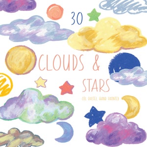 Schattige wolk maan ster clipart, krijt clipart, schattige boho pastel clipart, kinderkamer, baby boho, oliepastel