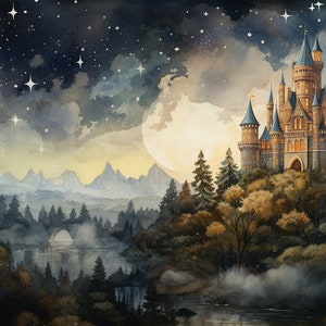 May include: A watercolour painting of a fairytale castle nestled in a forest under a starry night sky. The castle is lit up with warm lights, and a full moon shines brightly in the sky. A bridge crosses a river in the foreground, and mountains are visible in the distance.