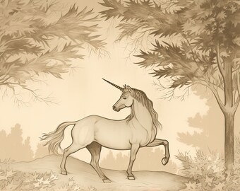 Vintage Neutral Unicorn in a Forest Illustration