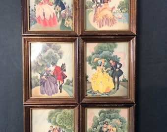 Juego completo de 6 láminas vintage de Reliance Industries, estilo 654, enmarcadas en cristal, de 4x5 pulgadas, de la década de 1940.