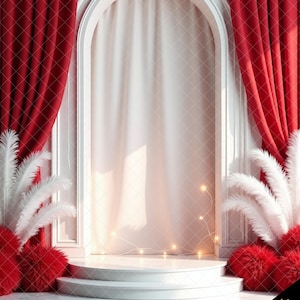 Eleganter roter u. weißer Bogen-Digital-Foto-Hintergrund, romantischer digitaler Hintergrund, Gatsby-Art-Digital-Kulisse Photoshop-Overlay, Valentinstag