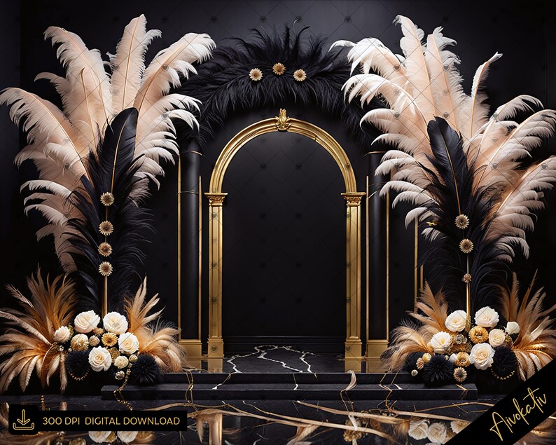 Aperturee Elegant Black Gold Glitter Birthday Arch Backdrop