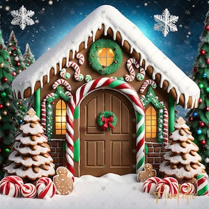 Maison de pain d’épice de Noël Toile de fond de photographie numérique, fond de vacances, toile de fond de photographie, maison de pain d’épice de toile de fond de Noël