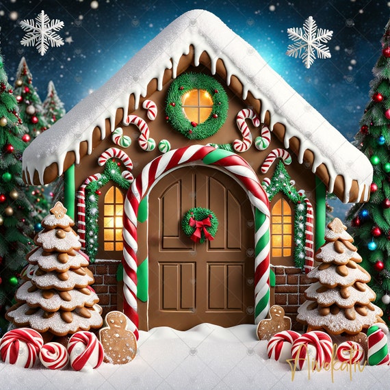 Christmas Gingerbread House Digital Photography Backdrop, Holiday Background, Photography Backdrop, Christmas Backdrop Gingerbread House