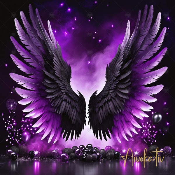 Festive Black and Purple Wings Digital Photography Backdrop Angel Wings Digital Background Modern Photography Backdrop New Years, Birthday