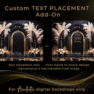 May include: Digital backdrop design with custom text placement. The design features a black and gold color scheme with decorative elements, including pampas grass and floral arrangements. The text "Happy 50th Birthday" is displayed on the right backdrop.