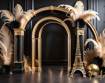 Elegant Black & Gold with Eiffel Tower Digital Photography Backdrop, Digital Background Photography Backdrop, Birthday, Anniversary, etc