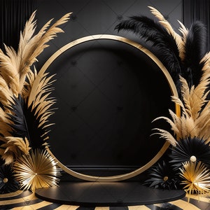May include: A black and gold product display with a round gold frame, pampas grass, and black paper fans. The display is on a black and gold striped surface.