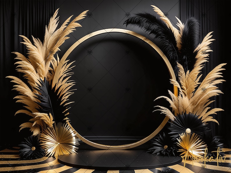 May include: A black and gold product display with a round gold frame, pampas grass, and black paper fans. The display is on a black and gold striped surface.