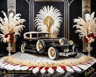 Elegant Gatsby Style Roaring 20's Ivory Black Gold & Red Digital Photography Backdrop, Deco Digital Background Overlay Backdrop, Art Deco