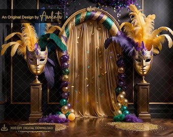 Elegant Mardi Gras Masks Digital Photo Backdrop, Feathers, Balloons, Digital Photography Backdrop, Events