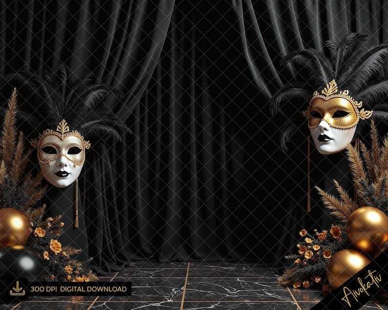 May include: Two gold and white masquerade masks with black feathers on a black velvet backdrop. The masks are set against a black marble floor with gold accents. There are gold and brown dried flowers and gold balloons on either side of the masks.