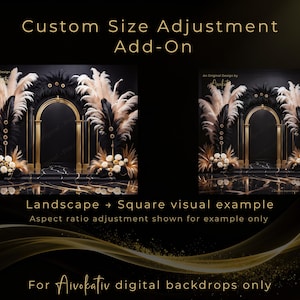 May include: A digital backdrop design with a black and gold color scheme. The image features an archway with decorative elements, including feathers and floral arrangements. Text reads "Custom Size Adjustment Add-On" and "For Aivokativ digital backdrops only."