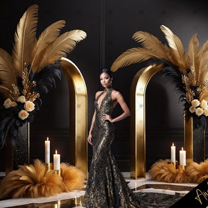 Eleganter schwarz-goldener Zwillingsbogen-Digitalfotografie-Hintergrund, schwarz-goldener digitaler Hintergrund, Fotografie-Hintergrund, Goldjubiläum, Geburtstag