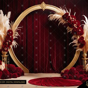 Elegant Gold & Red Digital Photography Backdrop Feathers Flowers Digital Background Dramatic Photography Backdrop, Birthday, Anniversary
