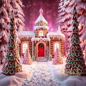 Christmas Gingerbread House Digital Photography Backdrop, Holiday Background, Photography Backdrop, Candy Backdrop, Pink Holiday Background