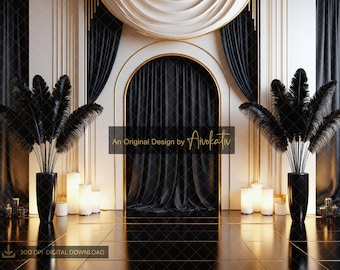 Elegante Gatsby Stil Vintage Kulisse, 20er Jahre, Eventdeko, druckbare Kulisse, Fotostand, digitaler Download, Schwarz & Elfenbein Hintergrund