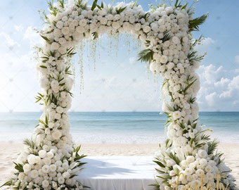 Beautiful Beach White Floral Wedding Arch Digital Photography Backdrop Digital Background Boho Photography Backdrop Wedding, Romantic