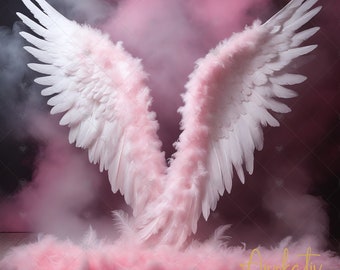 Hermoso rosa y blanco alas de ángel fotografía digital telón de fondo, alas de ángel fondo digital fotografía telón de fondo cumpleaños, maternidad