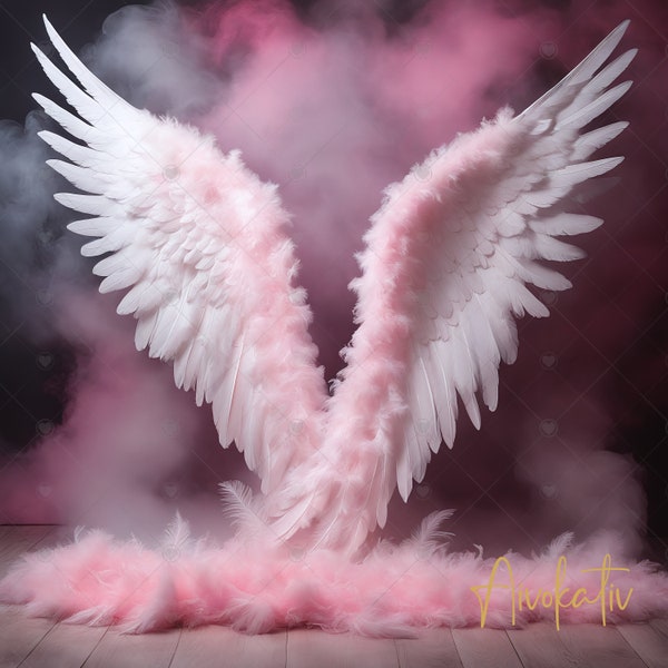 Beautiful Pink & White Angel Wings Digital Photography Backdrop, Angel Wings Digital Background Photography Backdrop Birthday, Maternity
