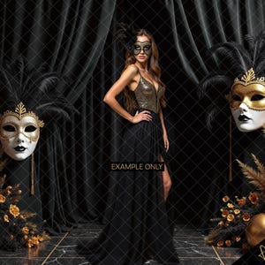 May include: A woman in a black dress and gold mask stands in front of a black backdrop with gold and black decorations. The text "EXAMPLE ONLY" is visible in the image.